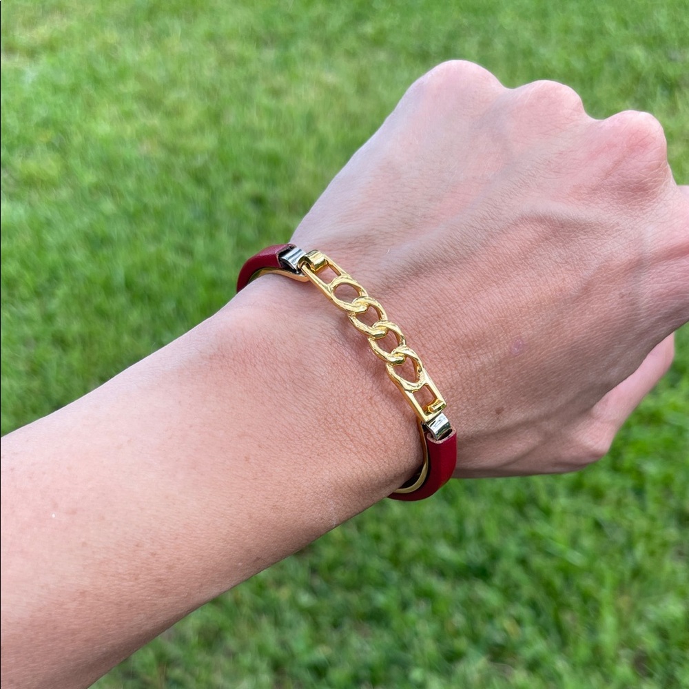 Red Leather and Gold Chain Detail Bangle